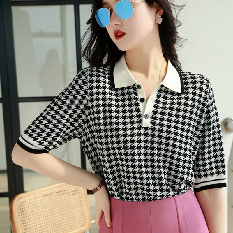 Fashion Lapel Button Knitted Printed Houndstooth Blouses Women's Clothing 2024 Summer New Loose Casual Tops Commuter Shirts
