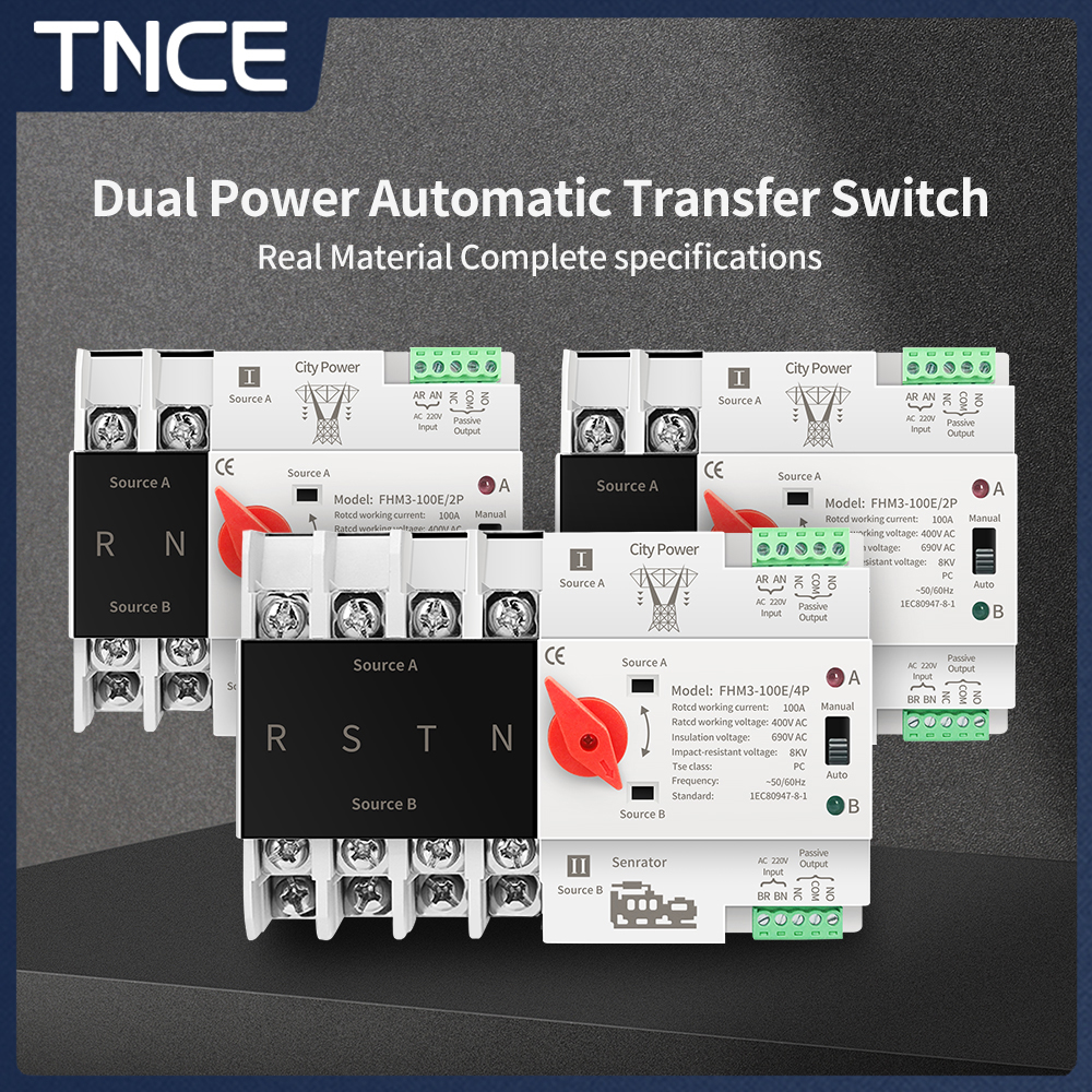 TNCE Single Phase Din Rail ATS Dual Power Automatic Transfer Electrical Selector Switches Uninterrupted 2P 63A 100A 125A