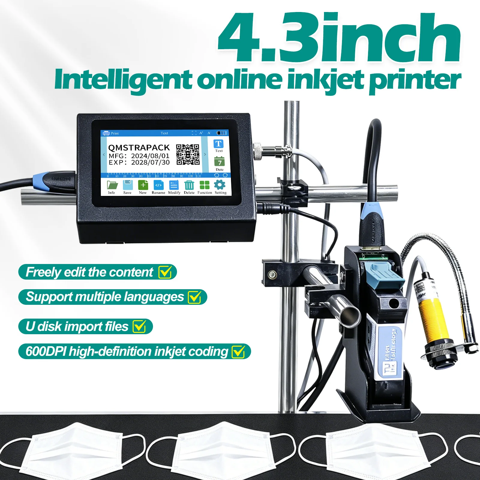 4.3'' QR 바코드 배치 번호 로고 만료일 코딩 기계용 산업용 온라인 잉크젯 프린터 12.7/25.4mm(카트리지 없음)