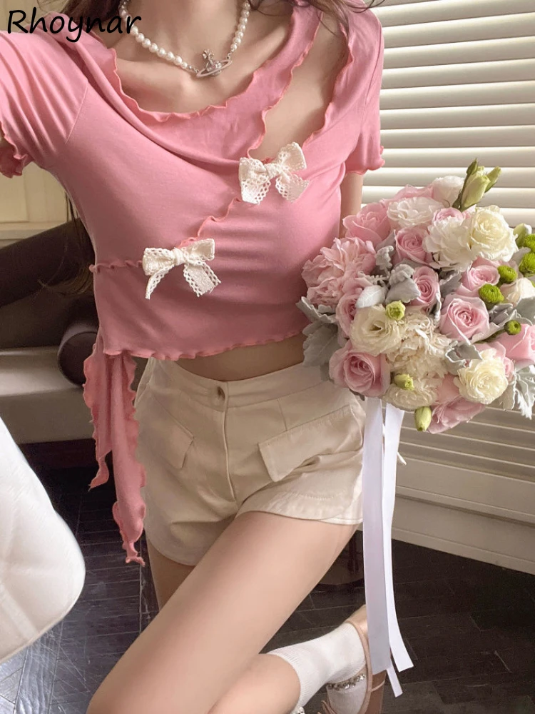 

Chic Irregular Hollow Out Bow T-Shirts Women Fashion All-match Edible Tree Fungus Tops Girls Sweet Young Sexy Thin Slim Ins New