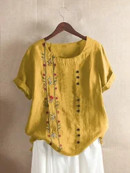 2024 Summer Casual Linen Cotton Blouse Women Elegant Button Short Sleeve Shirt Plus Size Tanic Boho Tops and Blouses Streetwear