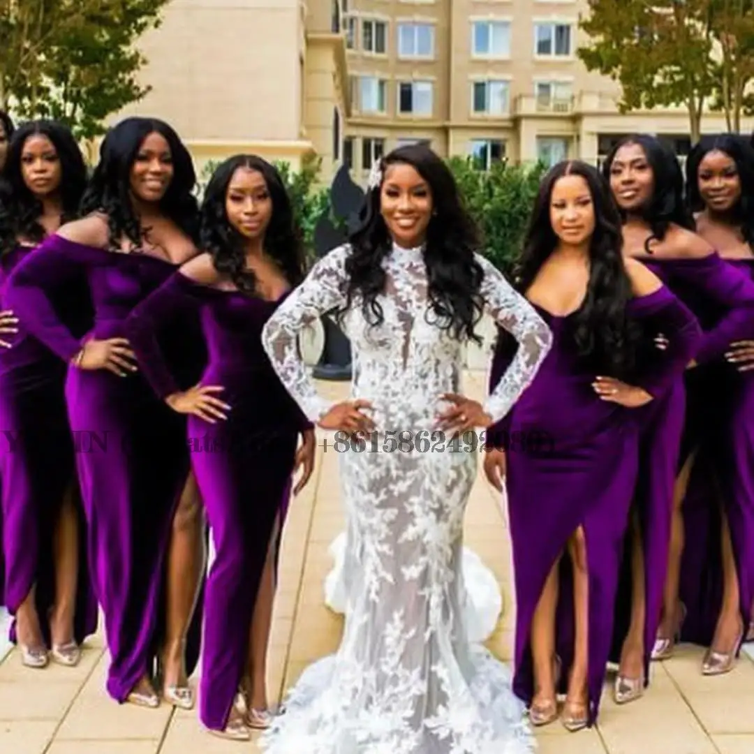 Women's Long Purple Velvet Bridesmaid Dresses with Slit Mermaid Sweetheart  Floor Length Pleated Formal Evening Dress Customized - AliExpress