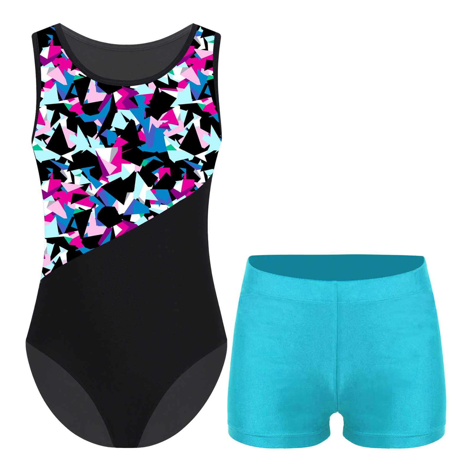 Two Pieces Kids Unisex Boys Girls Gymnastics Geometric Print Leotard Sleeveless Bodysuit with Shorts for Performance Competition