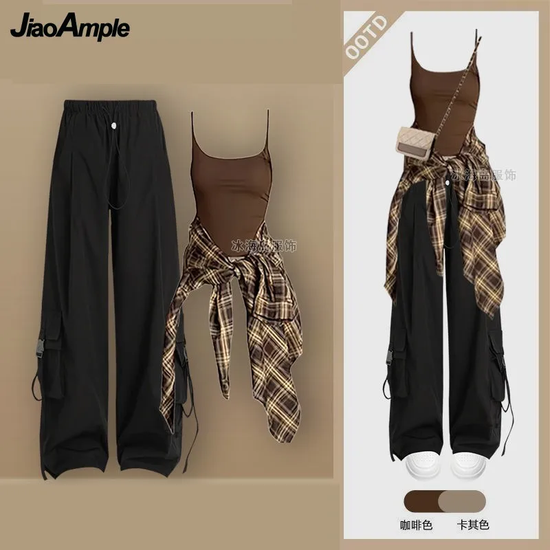 Women's Summer New Casual Sportswear Matching Set Korean Elegant Sunscreen Long Sleeved Plaid Shirt+suspender+Cargo Pants Suit