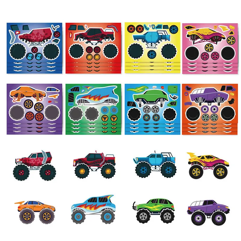 6-24Sheets Cool Monster Truck Sticker Kids DIY Make Your Own Car Sticker Cartoon Racing Tuck Puzzle Assembling Jigsaw Boys Toys