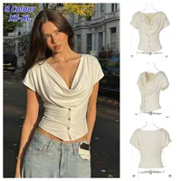 Y2K Women Summer Vest Tees Fashion Button-Front Patchwork V-Neck Pleated Fitted Tops Casual High-Street Party Female T-Shirts 1