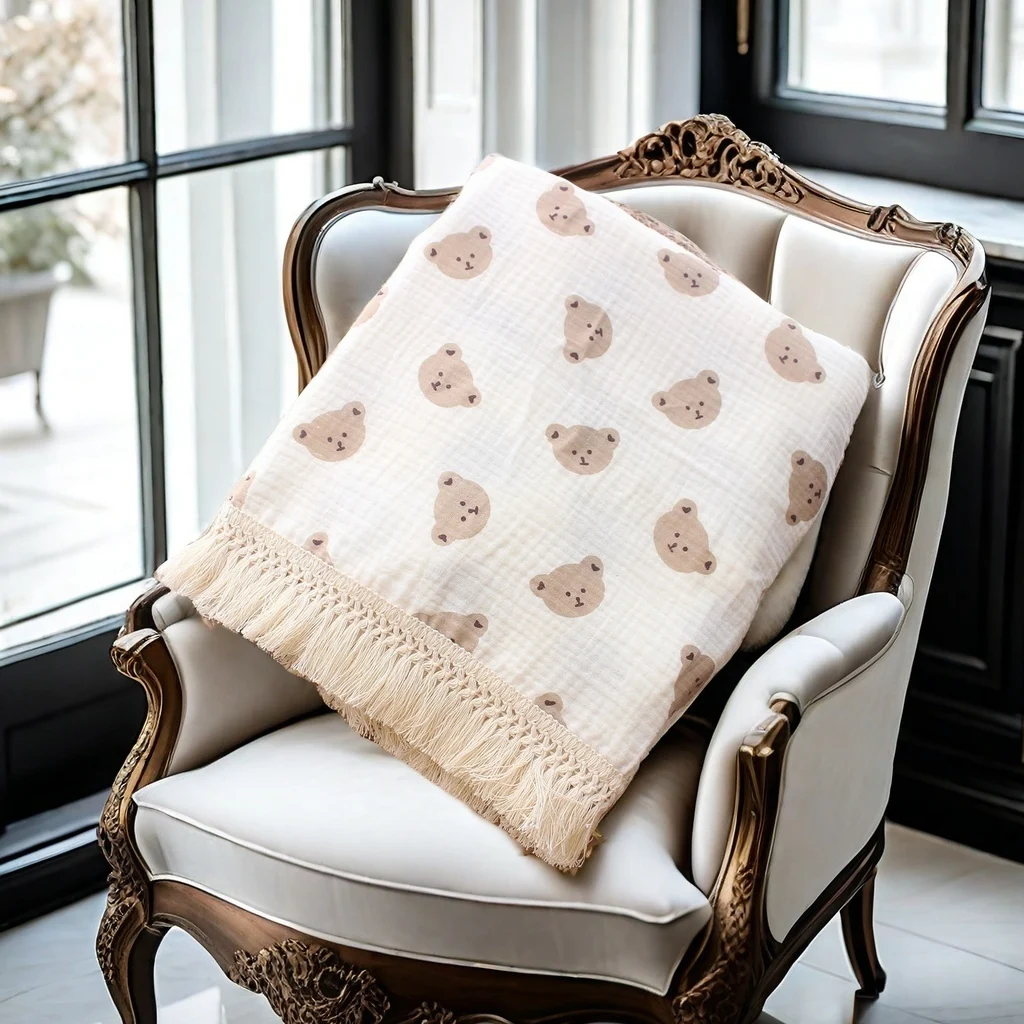 Children's blanket Cotton crepe bear fringe blanket Baby stroller cover Summer air conditioning baby wrap blanke cotton blanket