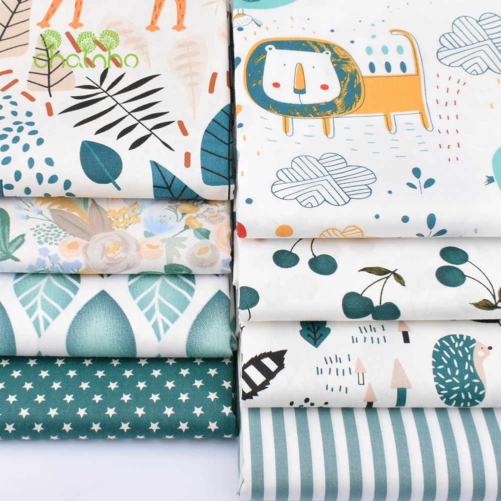 Chainho,Printed Twill Weave Cotton Fabric,DIY Sewing Quilting Material,Patchwork Cloth,Green Cartoon,2 Sizes,15C343