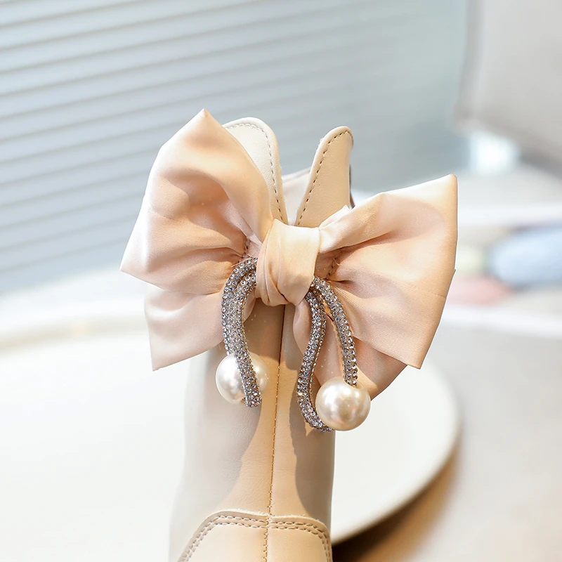 Leather Kids Boots with Big Bow for Autumn