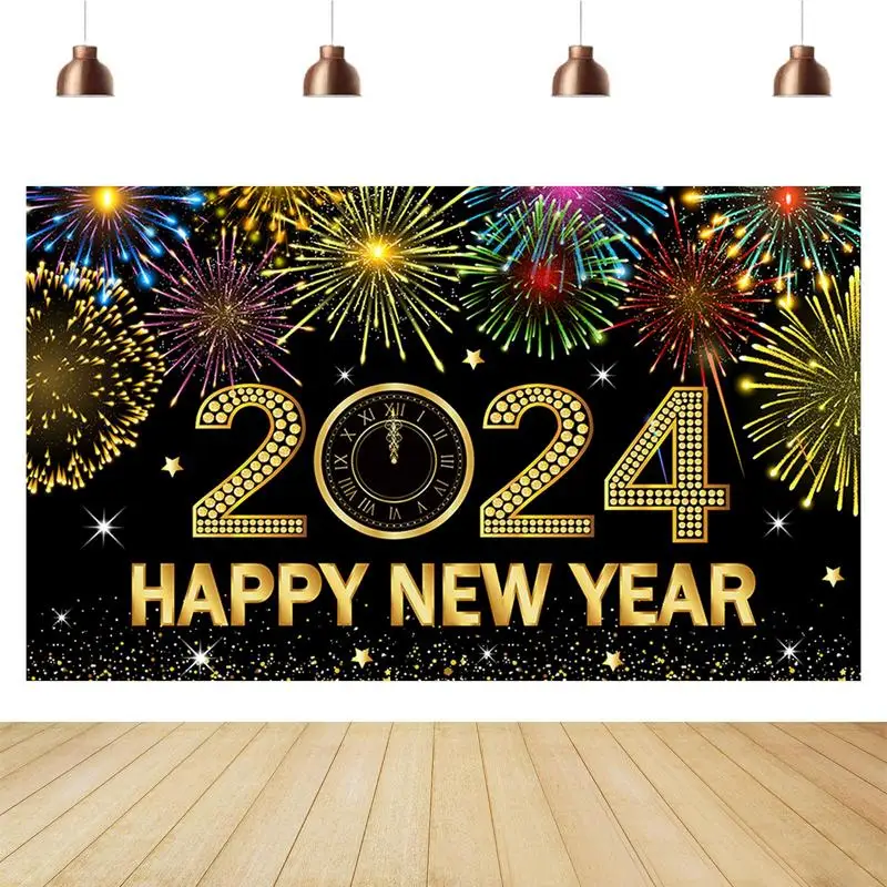 

Happy New Year Background New Year Photography Backdrop 180x110cm/71x43inch Black and Gold Backdrop Banner Party Decoration