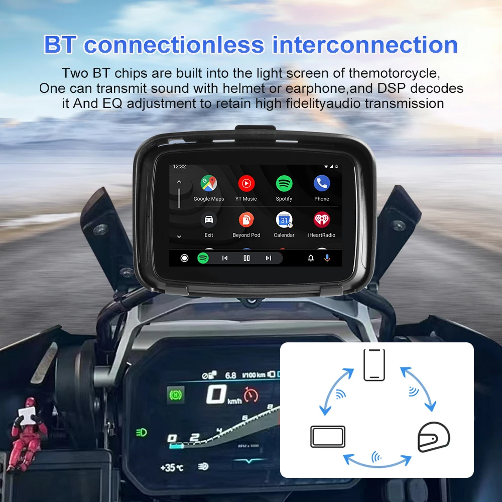 5 Inch Portable Motorcycle Navigation GPS Wireless Carplay Android Auto Touch Screen IPX7 Motorcycle Waterproof LCD Display BT