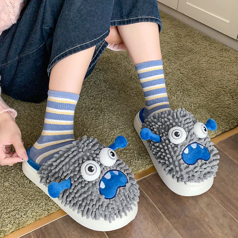 Funny Monster Plush Slippers for Women Cute Cartoon Thick Bottom Cotton Slippers Woman Light Indoor Non Slip Warm Slides Mujer
