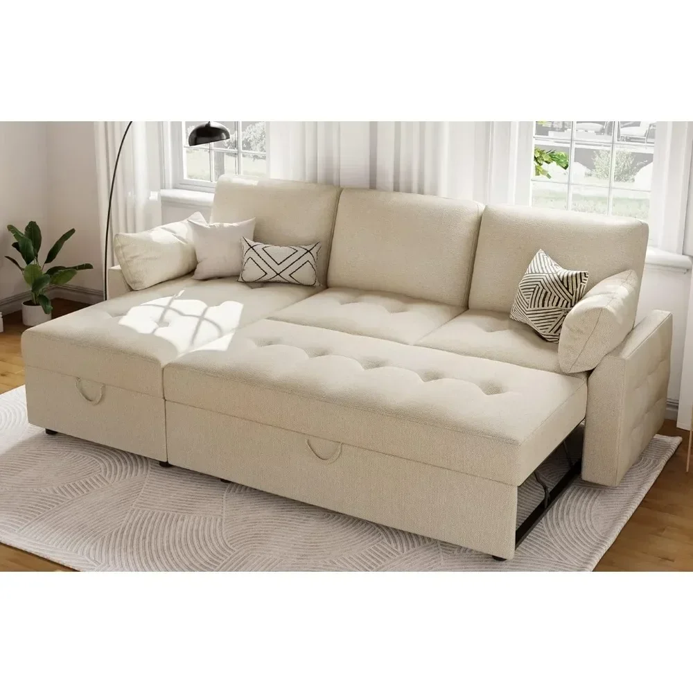 

Sofa Bed Pull Out Convertible with Storage Chaise, Tufted Sleeper Sectional Couch for Living Room Beige Sofa