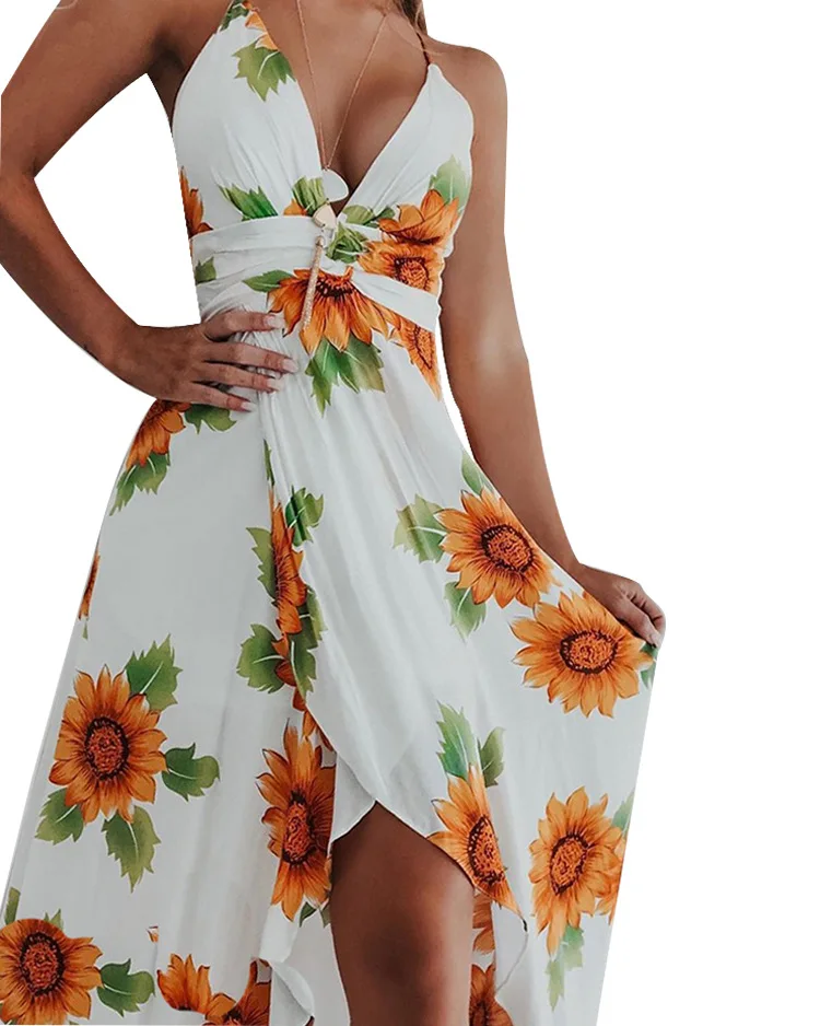 

2021 New Women's Halter Printed Irregular Large Swing Dress Sunflower Printed Mid Mid-length Dress Sleeveless Bohemian Dress