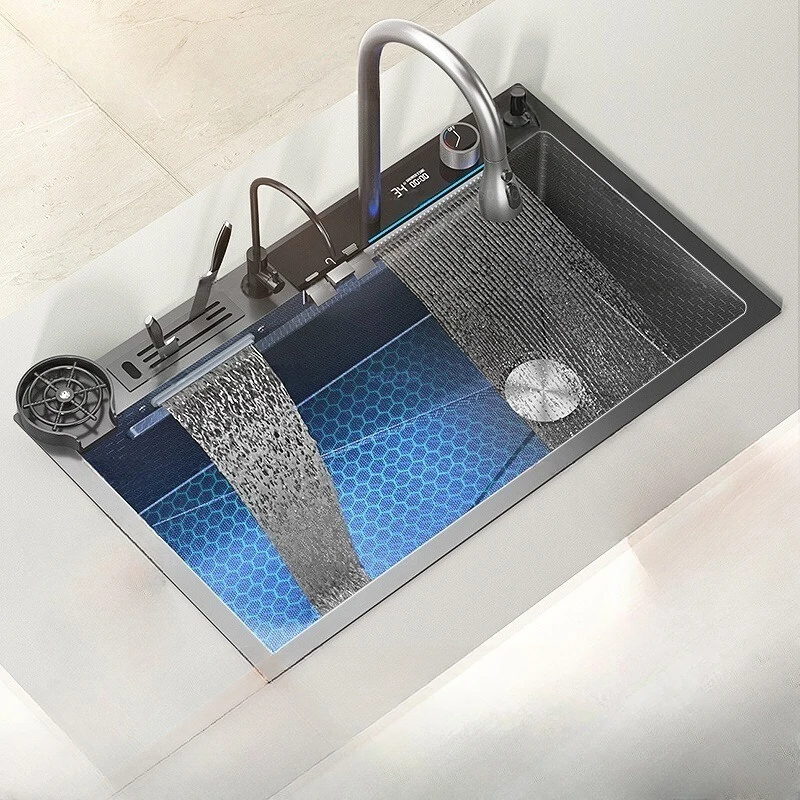 Stainless Steels  Steel Waterfall Kitchen Sink Digital Display Embossed Large Single Slot  Multifunctional  кухонная мойка 6