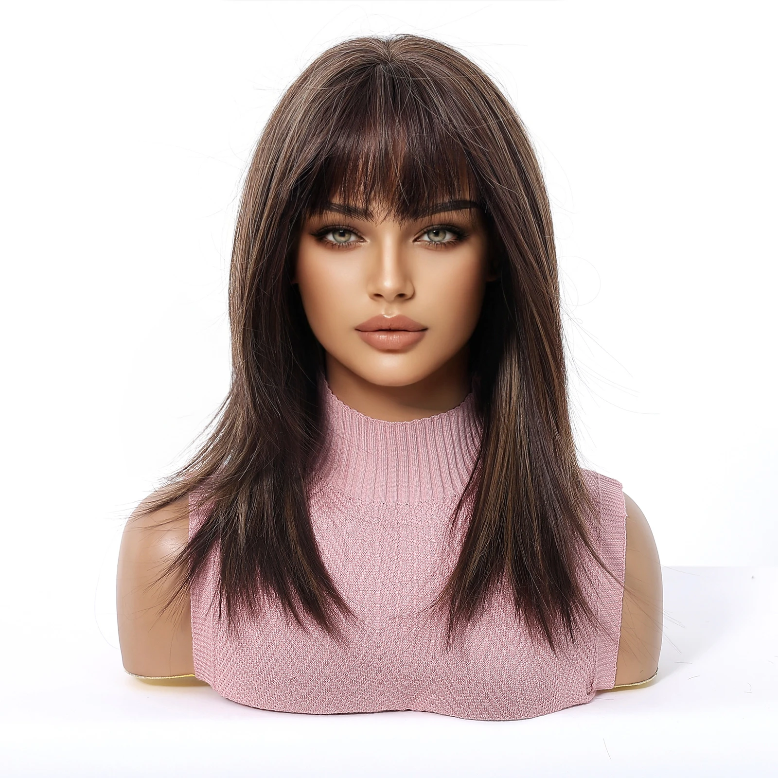 Medium Length Straight Layered Synthetic Wig Brown Highlight Wigs Natural Looking Wig With Bangs Heat Resistant Afro