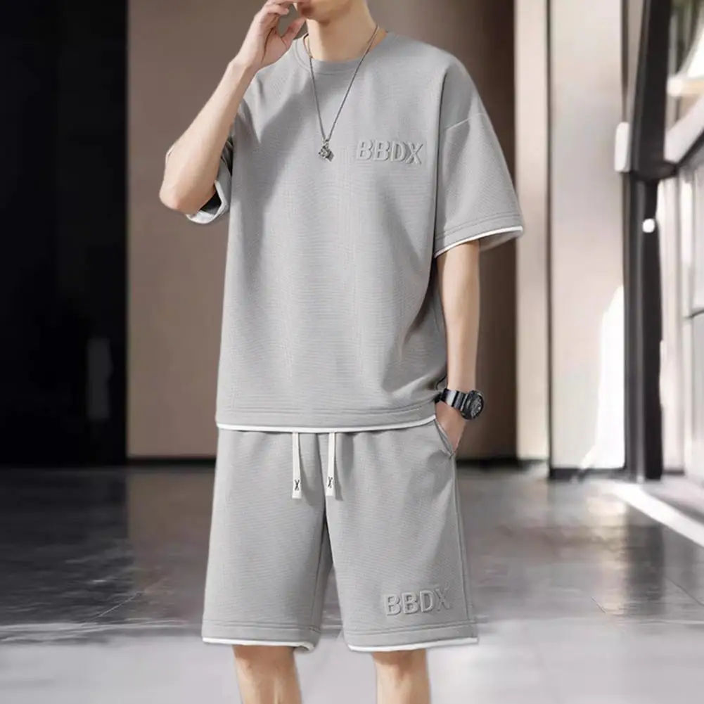 Stylish Men Summer Set Men's Summer Tracksuit O-neck T-shirt Wide Leg Shorts Set Elastic Waist Adjustable Drawstring 2pcs Fake