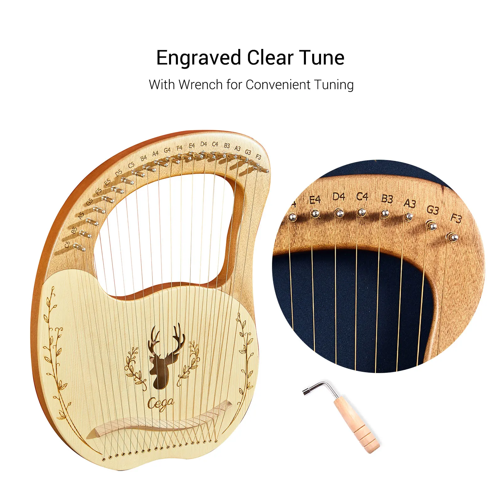 19-String Wooden Lyre Harp Resonance Box String Instrument with Tuning Wrench 3pcs Picks Sticker Extra Set of Strings Instrument
