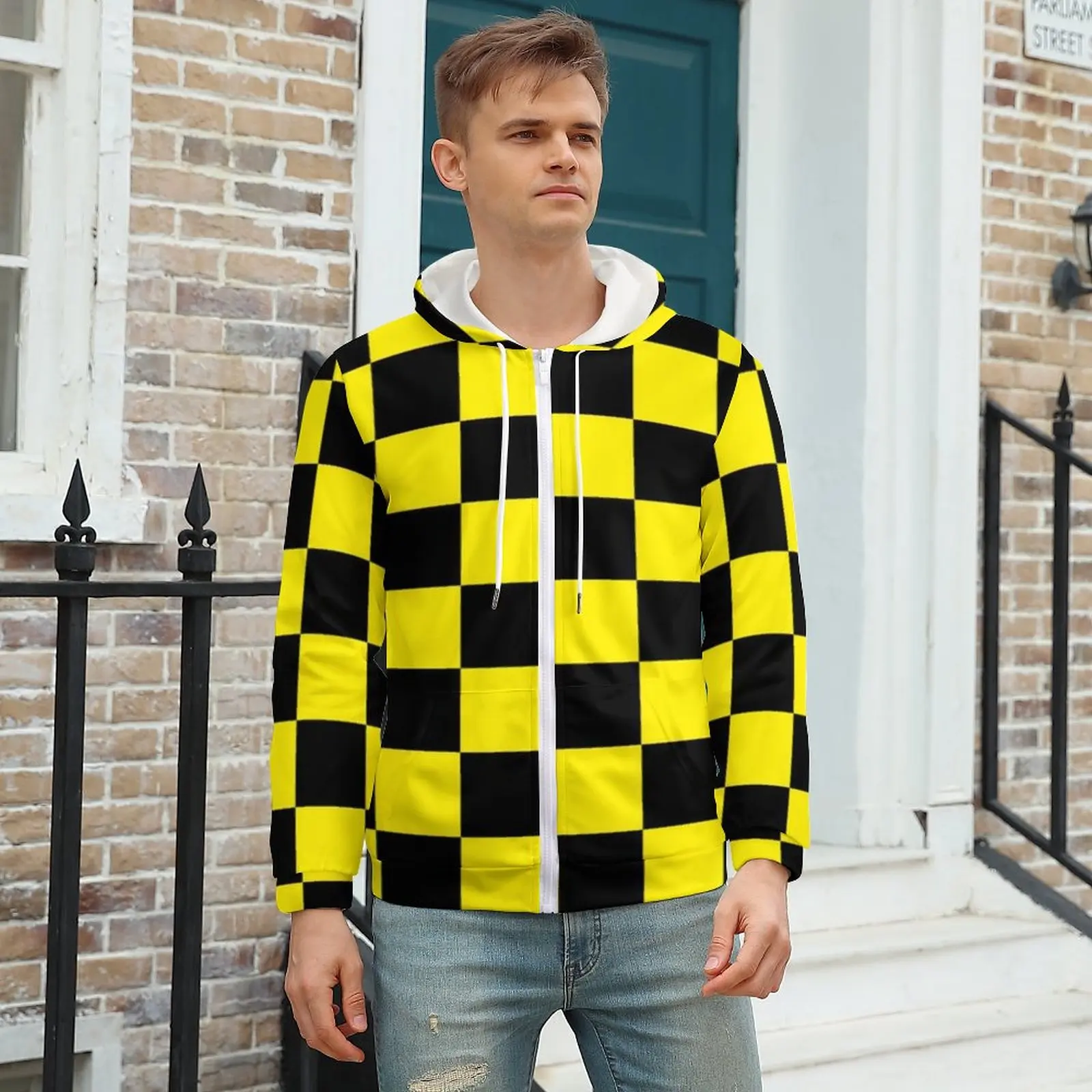 Two Tone Black And Yellow Hoodie Mod Checkers For Men Autumn Hoodies Outdoor Zip Up Hoodie Over Size