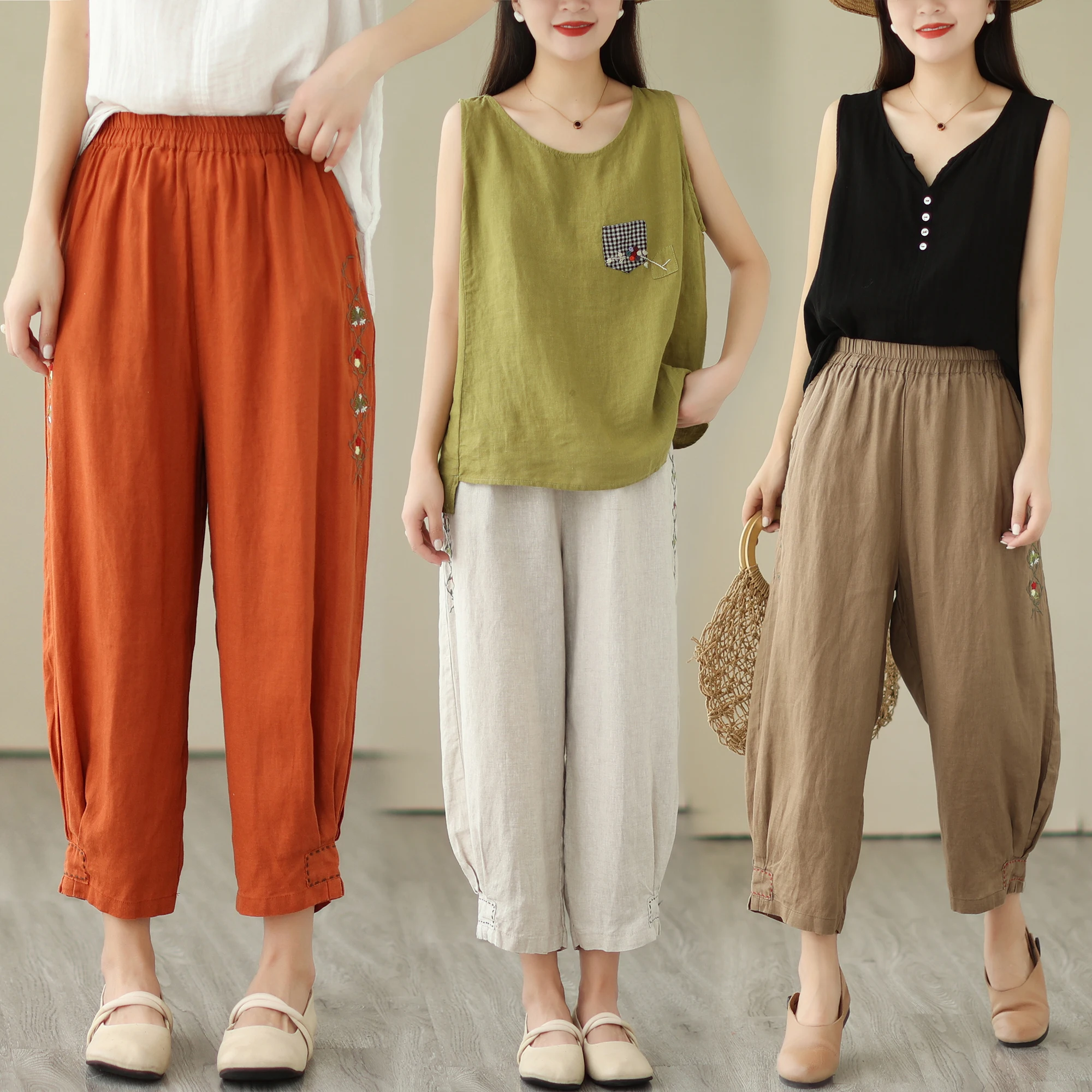 

5766 Summer Fashion Women's Solid Color Simple Basical Vintage Harem Pants Female Elastic Waist Floral Embroidery Linen Trousers