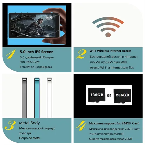 와이파이 블루투스 안드로이드 플레이어, 64GB IPS, 5.0 인치 터치 스크린, Hifi 음악 Mp3 비디오 음악 MP4 플레이어, TF 카드 스피커, 5000mah 4