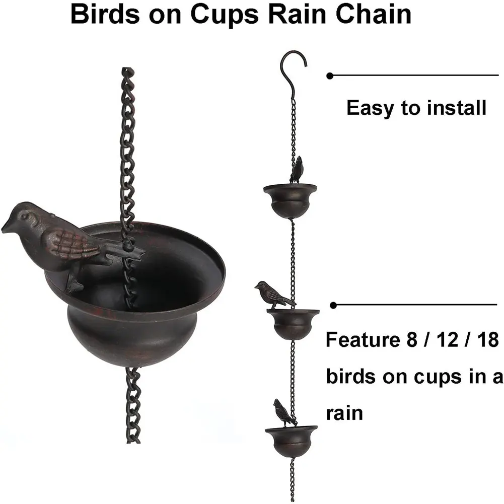 Creative Birds On Cups Metal Rain Chain Rain Catcher Chain Mobile Bronze Decorative Bird Rainwater Garden Display Pendant