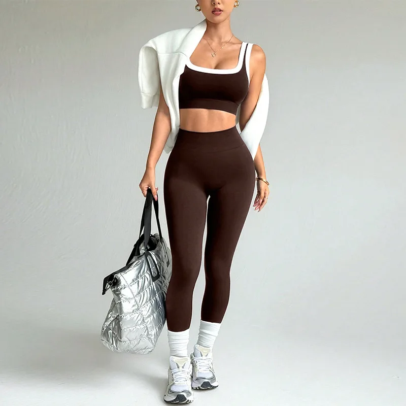 Ensemble de vêtements de sport de Yoga tricotés sans couture vêtements de plein air pour femmes gilet de sport de Collision de couleur transfrontalière pantalons serrés vêtements de sport de Yoga