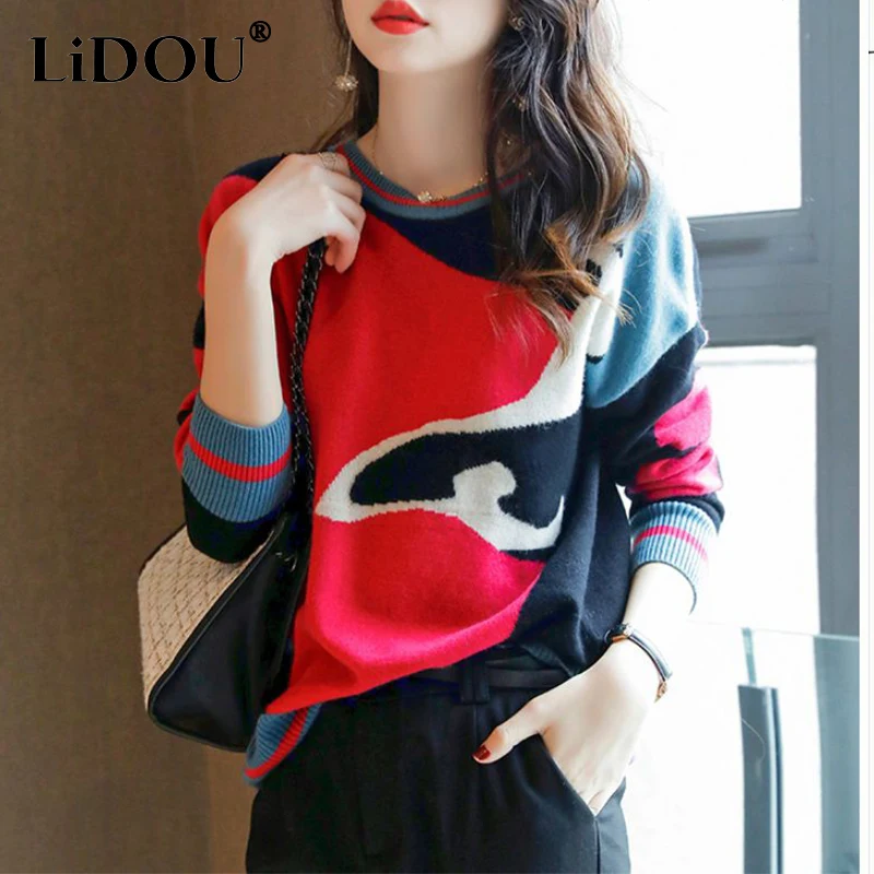 

Autumn Winter Streetwear Patchwork Loose Casual Sweater Female Fashion All-match Knitted Pullover Tops Women O Neck Warm Jumper