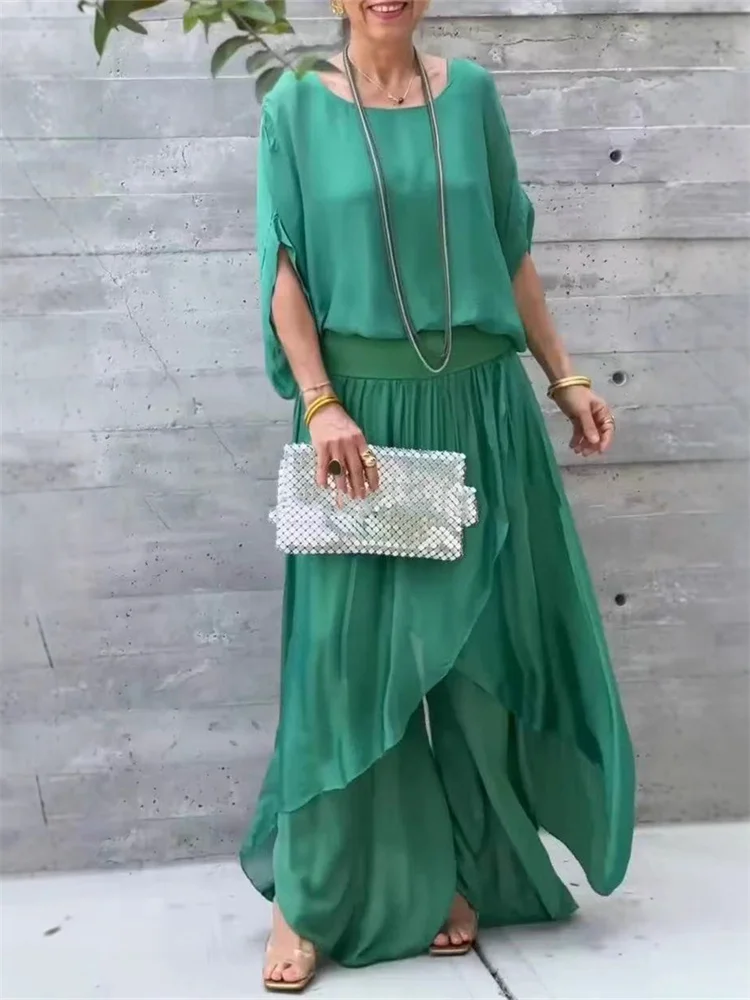 Wmstar 2 Piece Set Women Solid Short Sleeve Top Wide Leg Pants Sets Casual Sweet Streetwear Matching Suit Wholesale Dropshipping