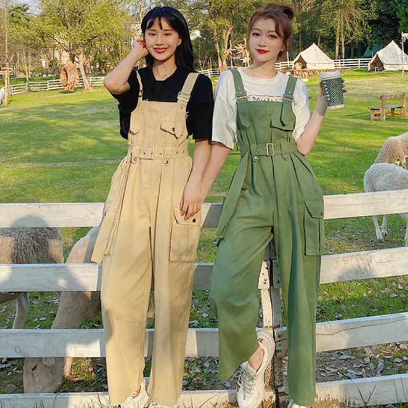 

Jumpsuits Women Sashes Green Loose Suspender Straight Chic Oversize Overalls Cute Girls Korean Style Holiday Slim Leisure Trendy