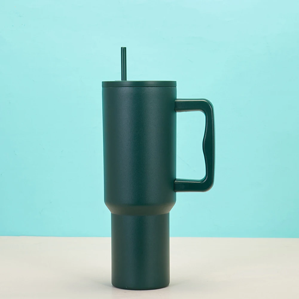 Vaso de 40 oz con asa y pajita, botella de agua termo de acero inoxidable con taza de café de viaje amigable para agua caliente/fría