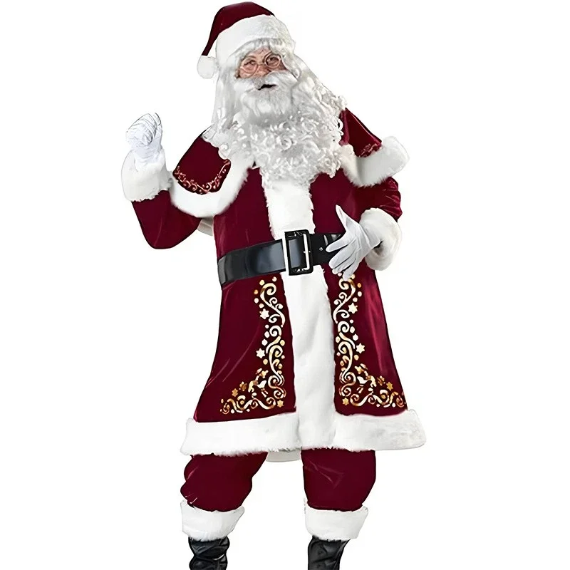 Mens Fancy Dress Traditional Santa Claus Costume Adult Santa Outfit Velvet Father Christmas Suit For Christmas Party Themed