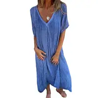 2024 Bohemian Style Cotton Linen Loose Dress Women's V-neck Dress Vintage Straight Beach Dress Soft Breathable Long Dresses - Image 3
