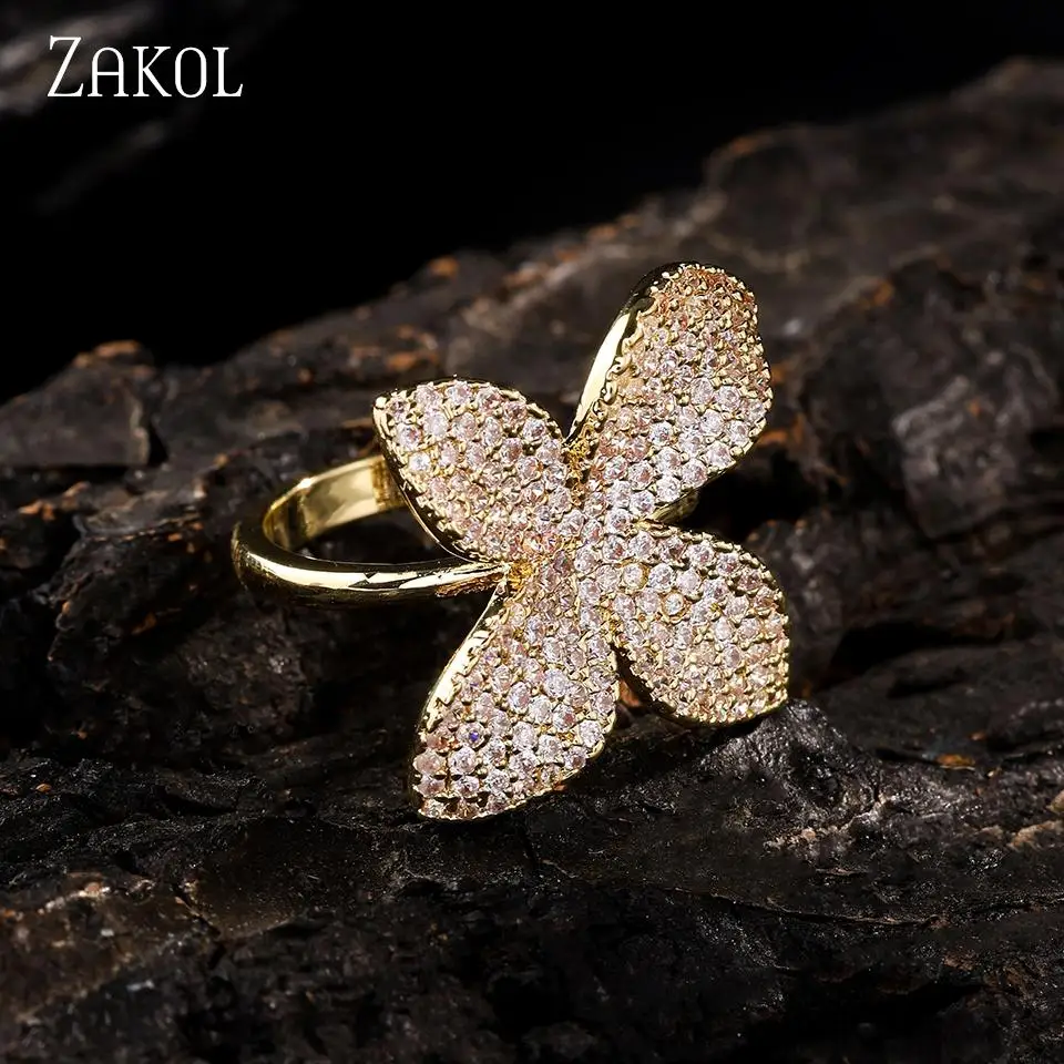 ZAKOL Creative Personalized Petal Design For Women's Zircon Ring Copper Micro-set Fashion Temperament Jewelry Accessories Female 3