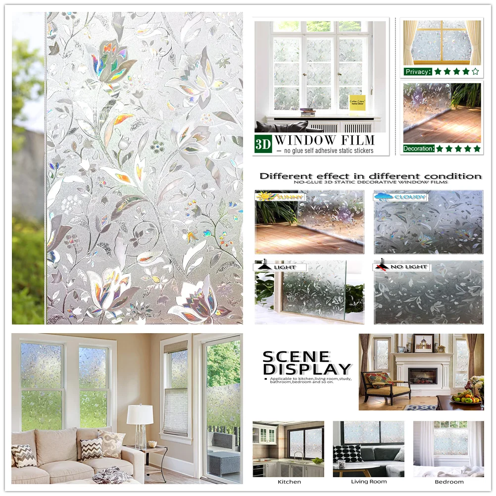 Window Privacy Film Stained Glass Film Static Cling Decorative Vinyl Removable Window Tint UV Blocking Stickers Home Office window film window privacy film window sticker