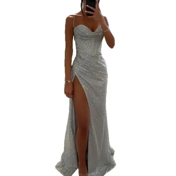 Elegante Abito da Sera da Donna con Spalline Sottili, Vestito Lungo a Trapezio con Spacco Alto, Vita Arricciata e Tessuto Glitterato