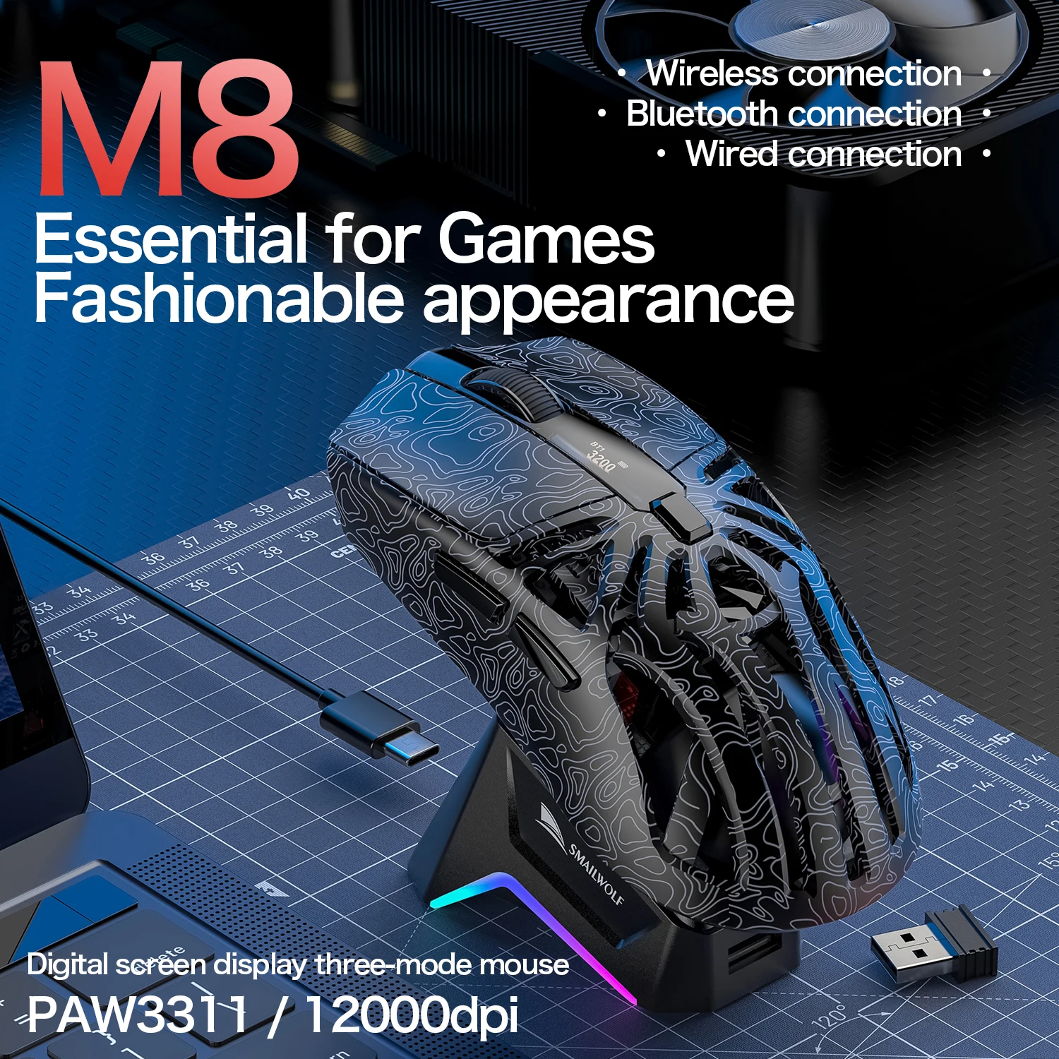 SMAILWOLF PAW3311 트라이 모드 게이밍 마우스 블루투스 무선 스크린 디스플레이 자기식 USB 충전 도크 노트북용 인체공학적 마우스