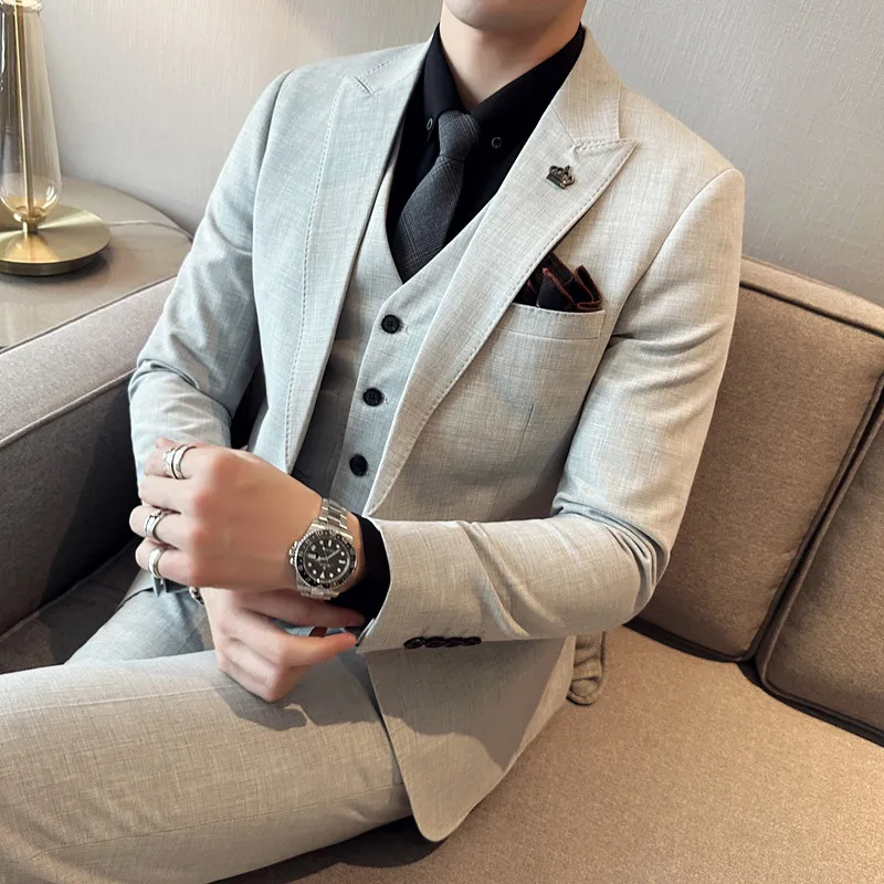 

2023New men's slim double buckle (suit + vest + trousers) fashion all-in-one suit elastic fabric groom dress three-piece set