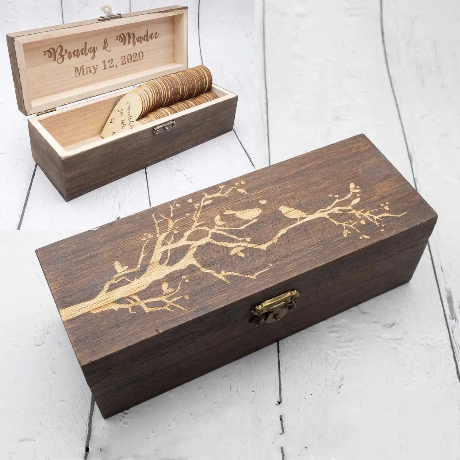 PersonalizedWeddingGuestBookEngravedWoodenDropBoxHeartsRustic