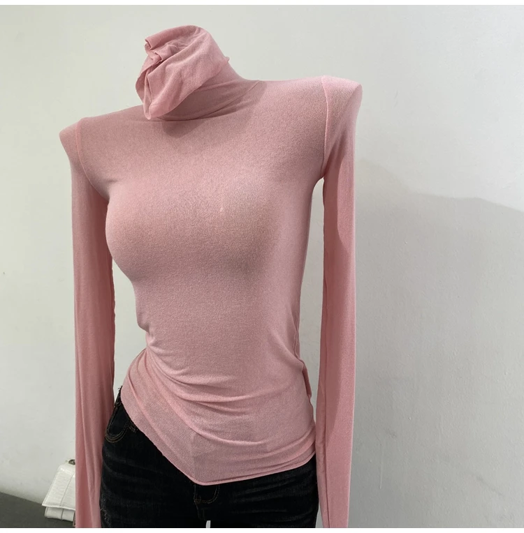 Description Picture 5 of itemThin Soft American Long Sleeve T-shirt High Stacked Neck Tight Perspective Bottom Shirt Women's Slim Fit Tops Sexy Streetwear