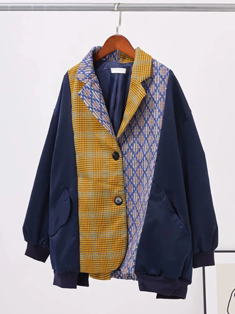 

LJHLJX Loose Color Contrast Patchwork Blazer Coat Fashion Women Single Breasted Suit Jacket Long Sleeve Coat 2023 Summer New