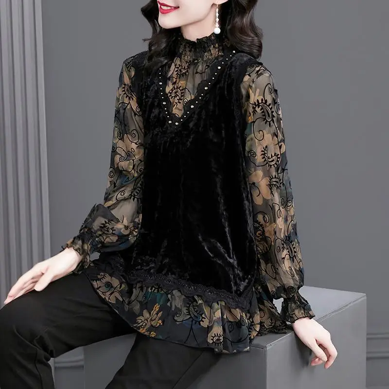Fold Edible Fungus Lace Vintage Women Blouse Half High Neck Velvet Chiffon Spliced Floral Flare Sleeve Fake Two Pieces Straight