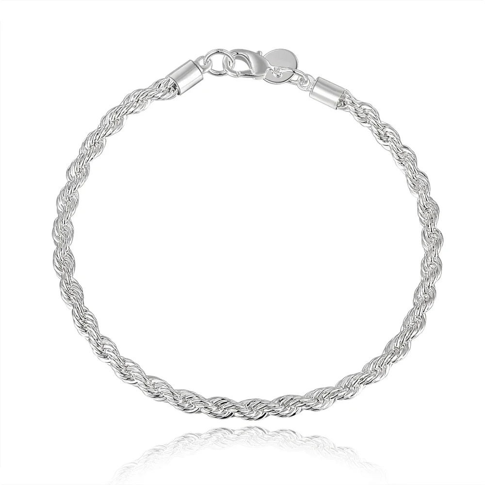 925 Sterling Silver Bracelet 4mm20cm Flat Side Chain Lobster Clasp For Woman Man Wedding Engagement Jewelry 6