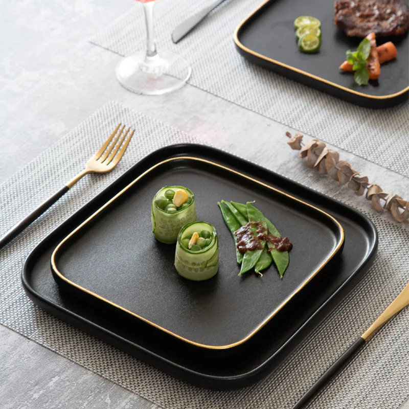 3 Size Black Dishes for Serving Matte Complete Tableware of Dishes Pieces Square Table Plates Food Plates Set Plate Ceramic