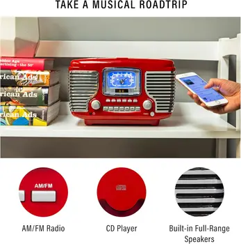 Retro AM/FM Alarm Clock Radio with CD Player and Bluetooth Speakers in Red 3