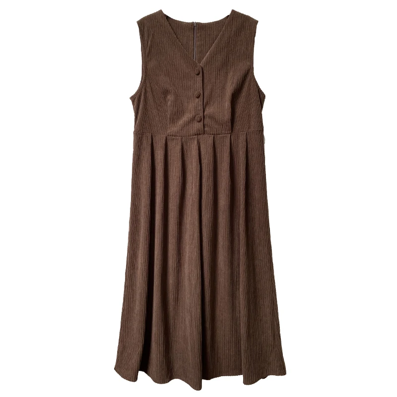 ReddaChic Kawaii Brown Striped Corduroy Jumper Skirt