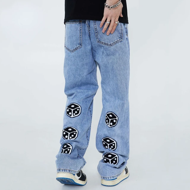 Pelzige Würfel Briefs tickerei blau Baggy Jeans Herren Retro Harajuku Hip  Hop Jeans hose Paar neutrale schwarze gerade Hose neu - AliExpress