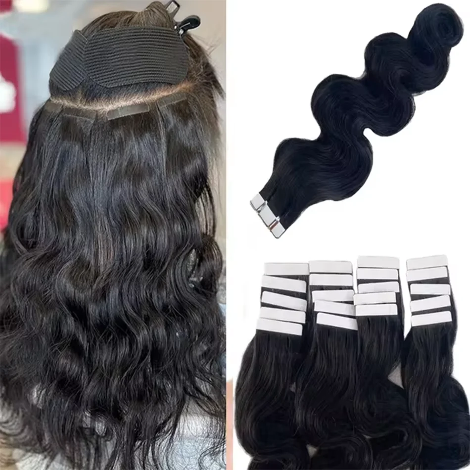Tape In Hair Extensions Water Body Wave Real Human Hair Natural Color 1b Tape On Extensions Skin Weft Hairpiece 2.5 G/Pc