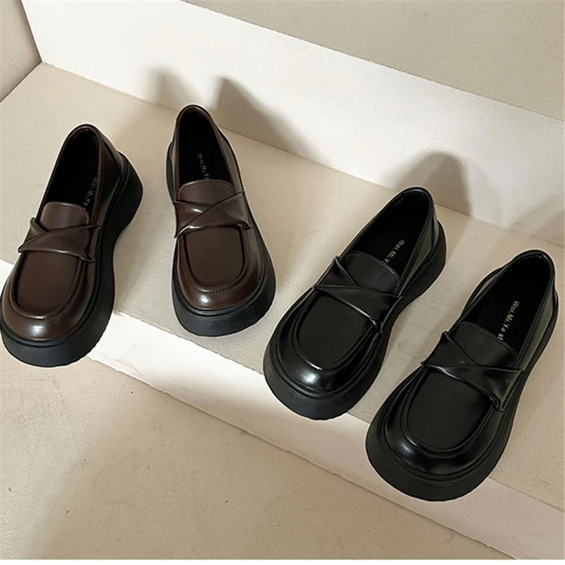 

Туфли женские кожаные с круглым носком, лоферы на платформе, удобная обувь с мехом, Дерби, клоги, лето-осень