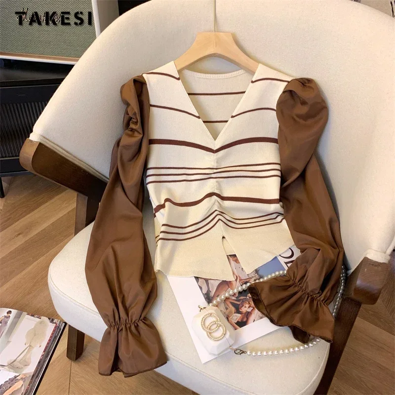 

Женский винтажный трикотажный пуловер, Элегантный Повседневный свитер-футляр с пышными рукавами и V-образным вырезом в стиле пэчворк, зима 2023